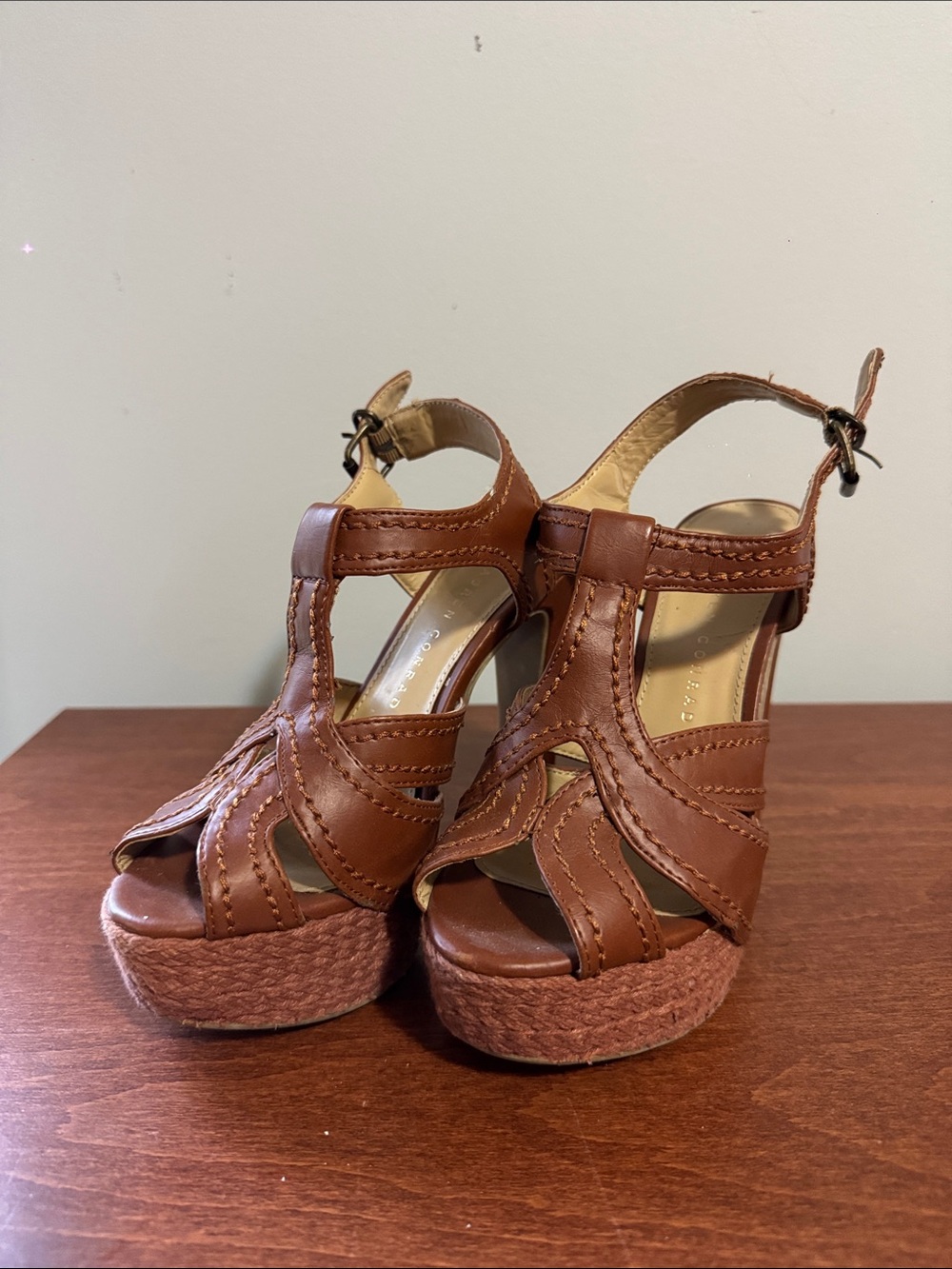 Women's Brown Leather T-Strap Platform Sandals